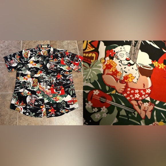SSLR Hawaiian Christmas Shirt XL Black Tropical Santa Surfing Holiday Button-Up - Picture 2 of 8
